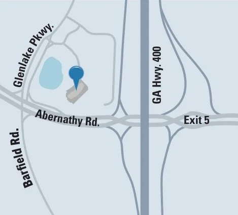 Map showing the location near Glenlake Parkway, Abernathy Road, and Barfield Road, close to GA Highway 400 and Exit 5, with a small lake nearby.