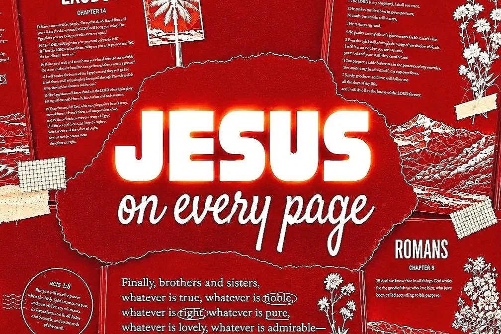 Red page with white text that reads "Jesus on every page." Decorative white illustrations of mountains, trees, and flowers surround the text.