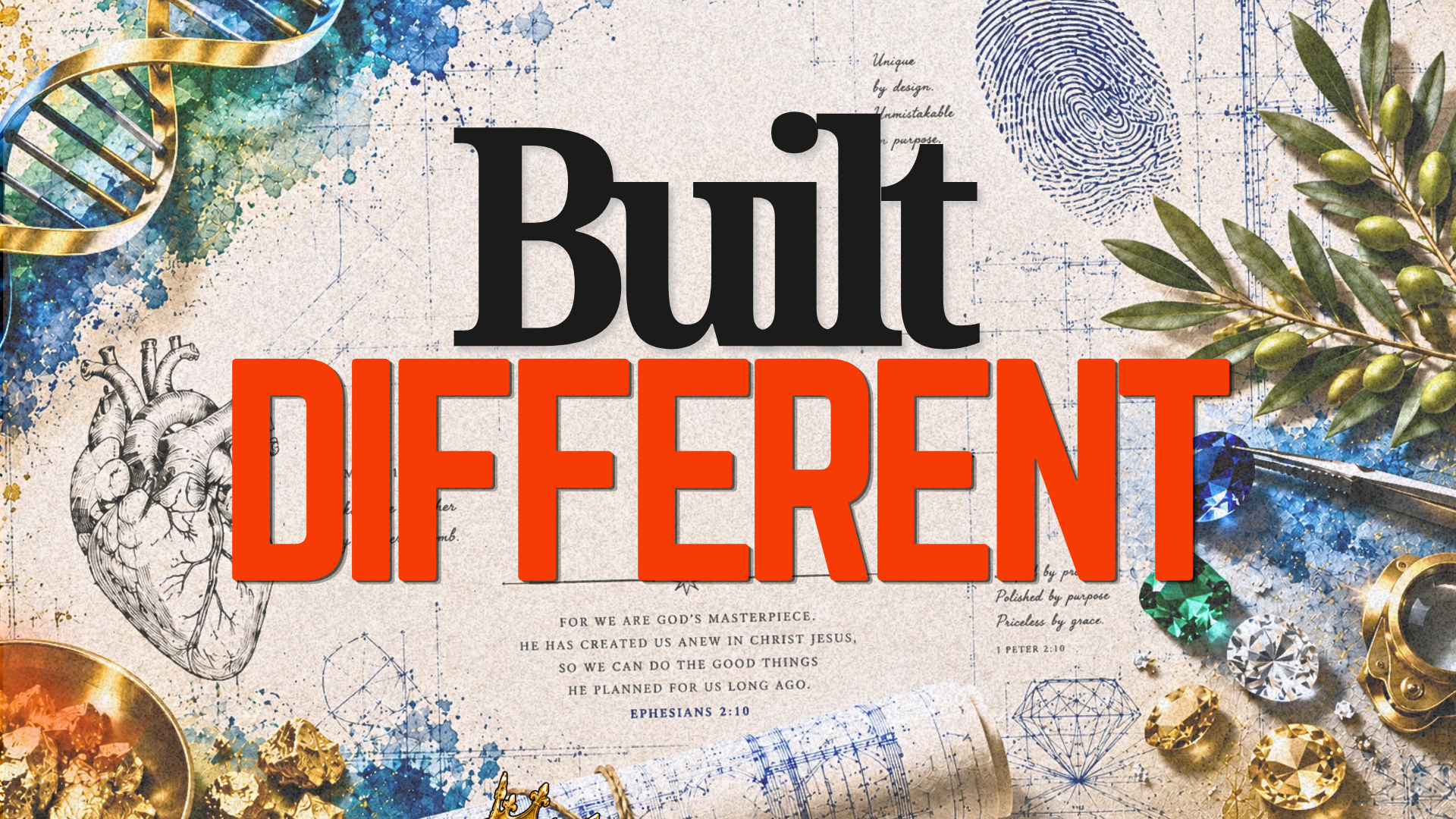 A collage-style image with a DNA helix, a heart sketch, an olive branch, gemstones, and other decorative elements, overlayed with the text "Built DIFFERENT" in bold black and red fonts.