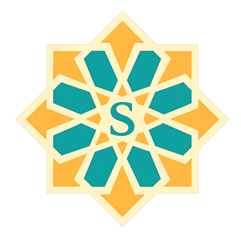 A geometric star-shaped logo with a central letter 'S' surrounded by orange and teal patterns.