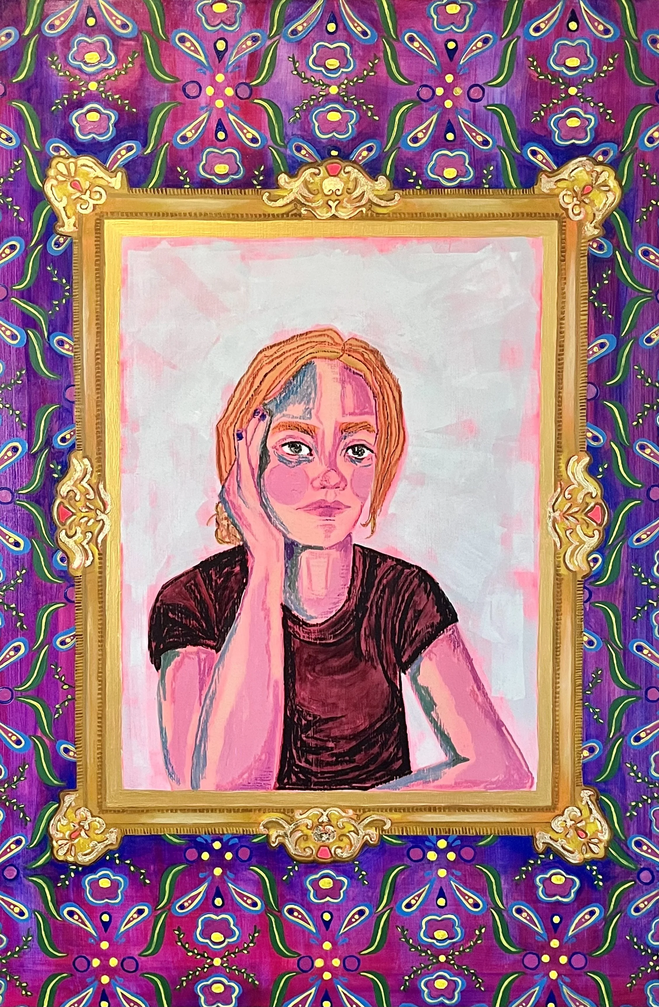 Untitled #1, 36" x 24", acrylic, oil, gold leaf, oil pastel on panel, 2024