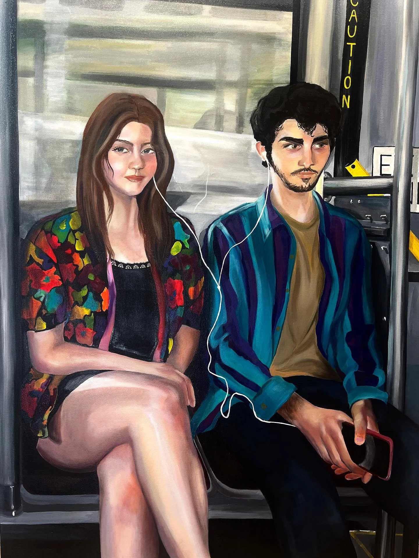Fade into you, 36x46, oil and acrylic on canvas 

The last painting of my series focused on public transit! 
Grateful for wonderful friends willing to wear my most colorful clothing in public 🫶🏻