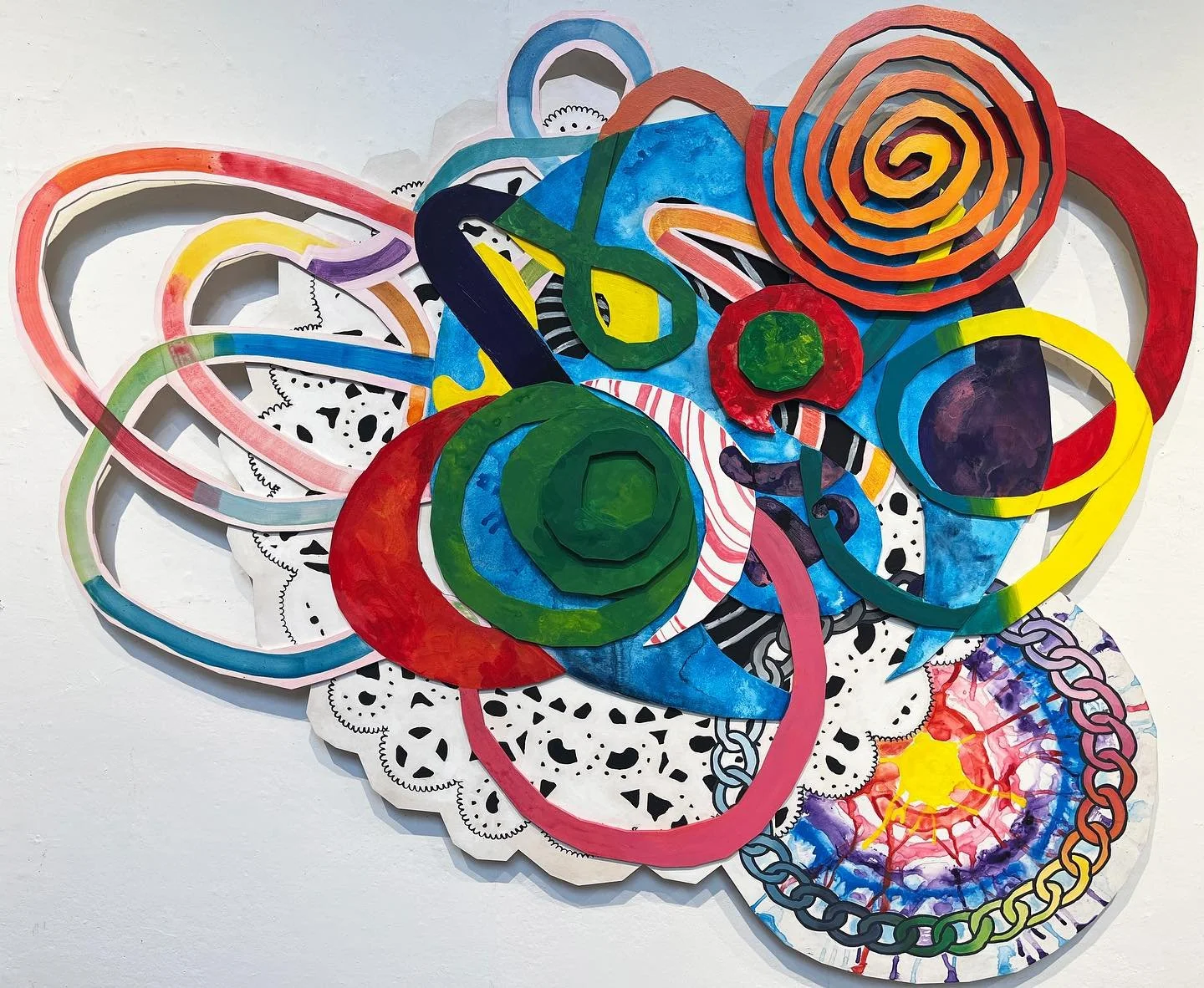 &ldquo;Spiraling&rdquo; 38x51&rdquo; flashe and acrylic on laser cut plywood 

Abstraction final 🫡 

Loved every part of this process from magazine collaging to assembling the finished piece!