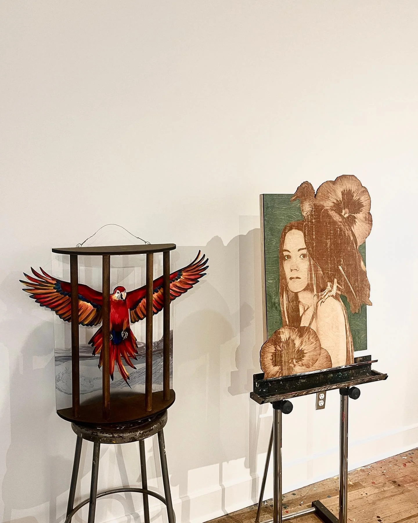 &ldquo;companion&rdquo; 18x24 laser engraving and stain on cradled birch plywood 

Used new-to-me technology to personify anticipatory grief as a vulture- who doesn&rsquo;t kill but waits around for something to die. Accompanied by pansies which bloo