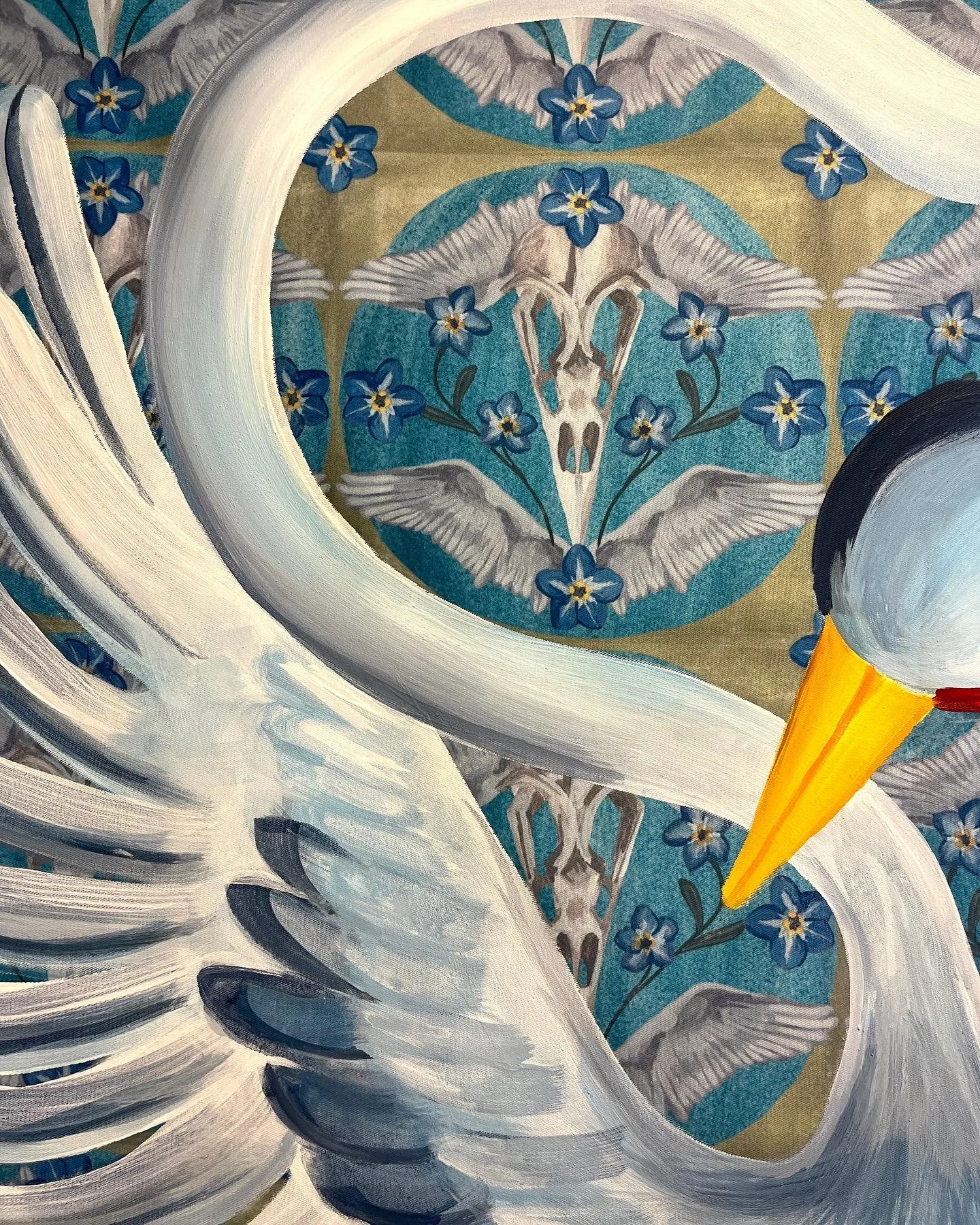 &ldquo;Universal chorus&rdquo; 39x55&rdquo;, acrylic on fabric 

My assignment of printing fabric with a repeating pattern left me with a wall tapestry. Continuing my theme of birds and grief, the red-crowned crane is a Chinese symbol of immortality.