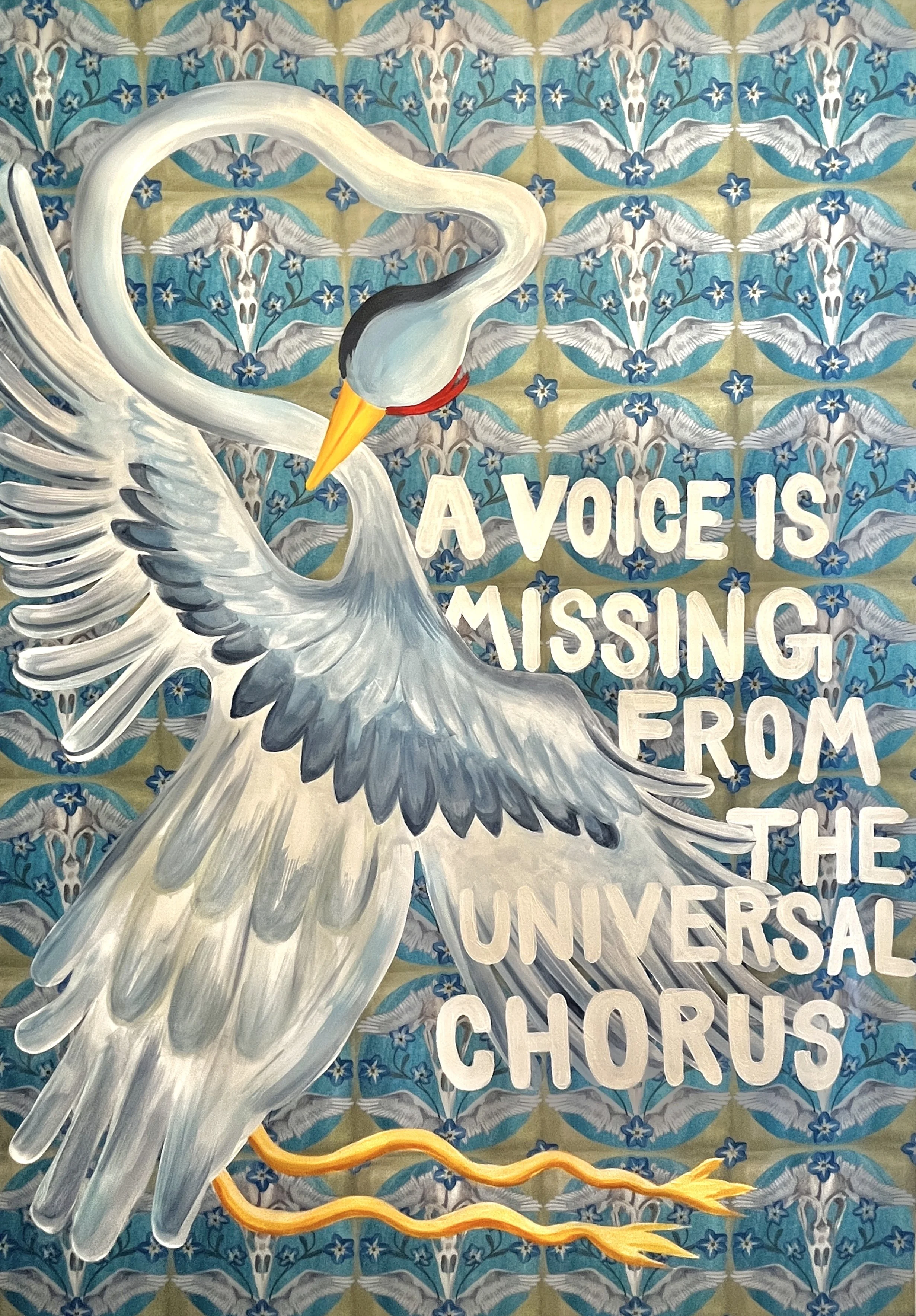 "Universal Chorus", 55" x 39", acrylic on printed fabric, 2025 