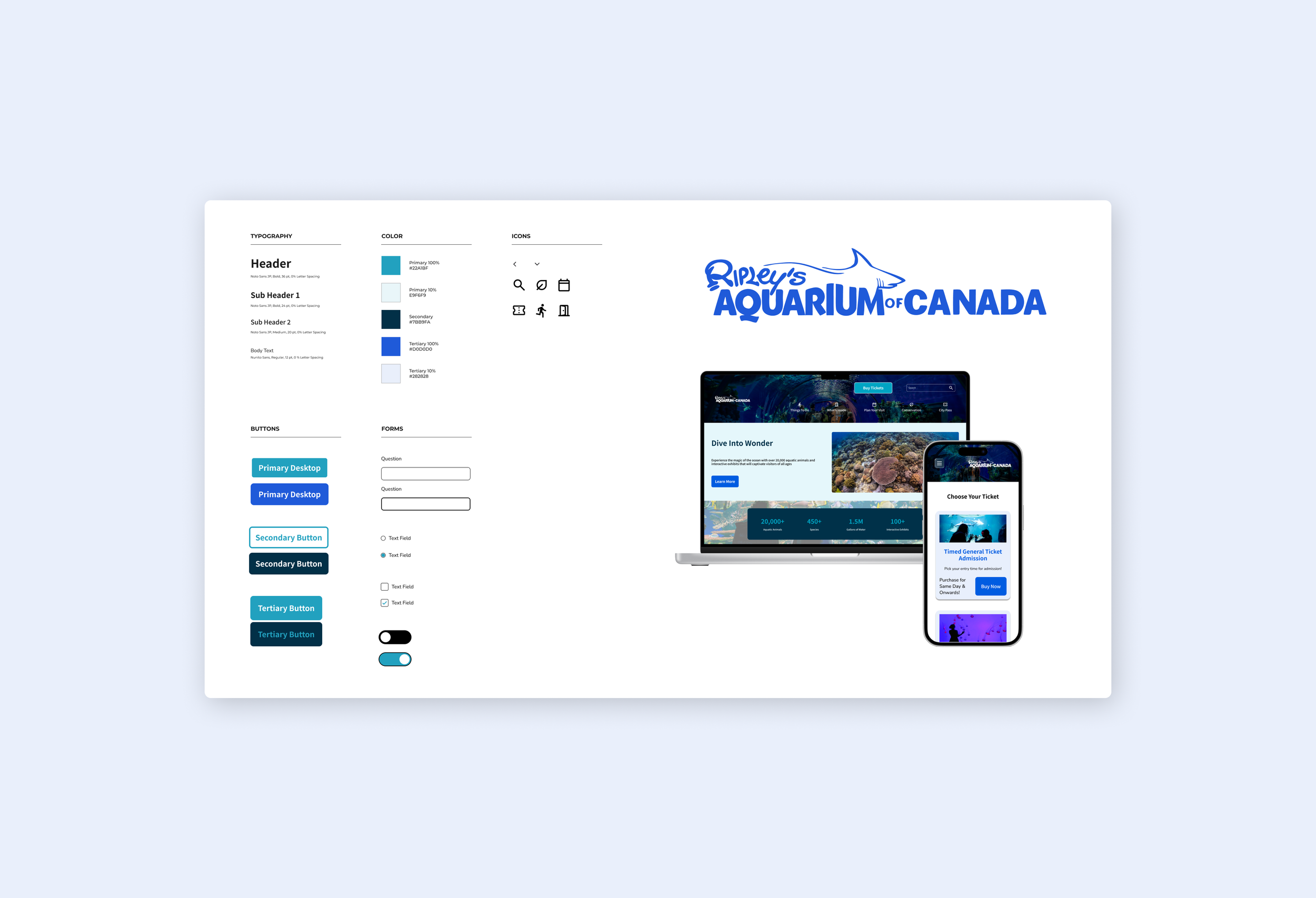 Design mockup for Ripley's Aquarium of Canada website showing logo, responsive website layout on laptop and mobile devices, color palette, typography, icons, and button styles.