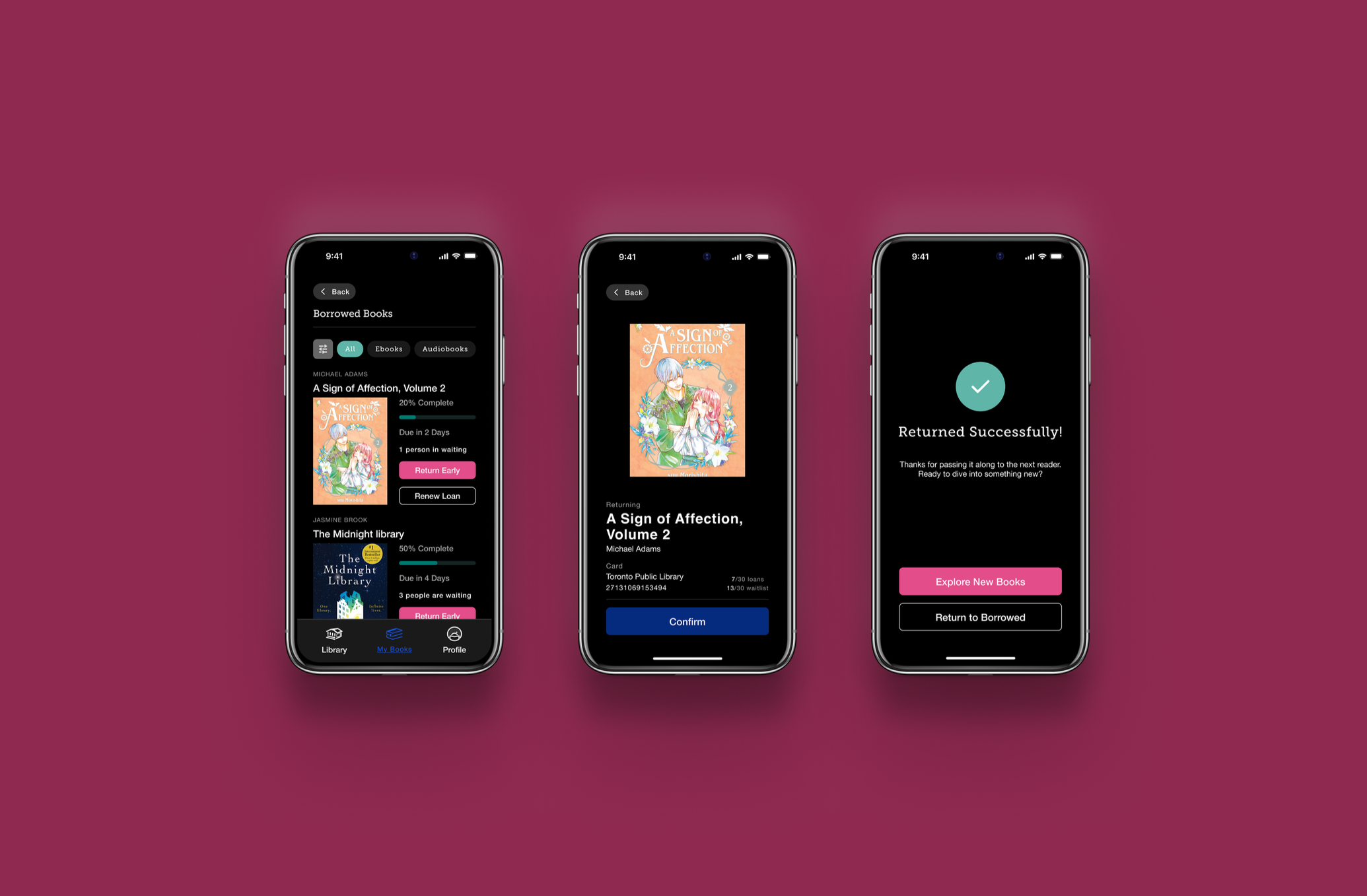 Three smartphones displaying an e-book borrowing application with pages showing book titles, borrowing status, and confirmation messages against a maroon background.