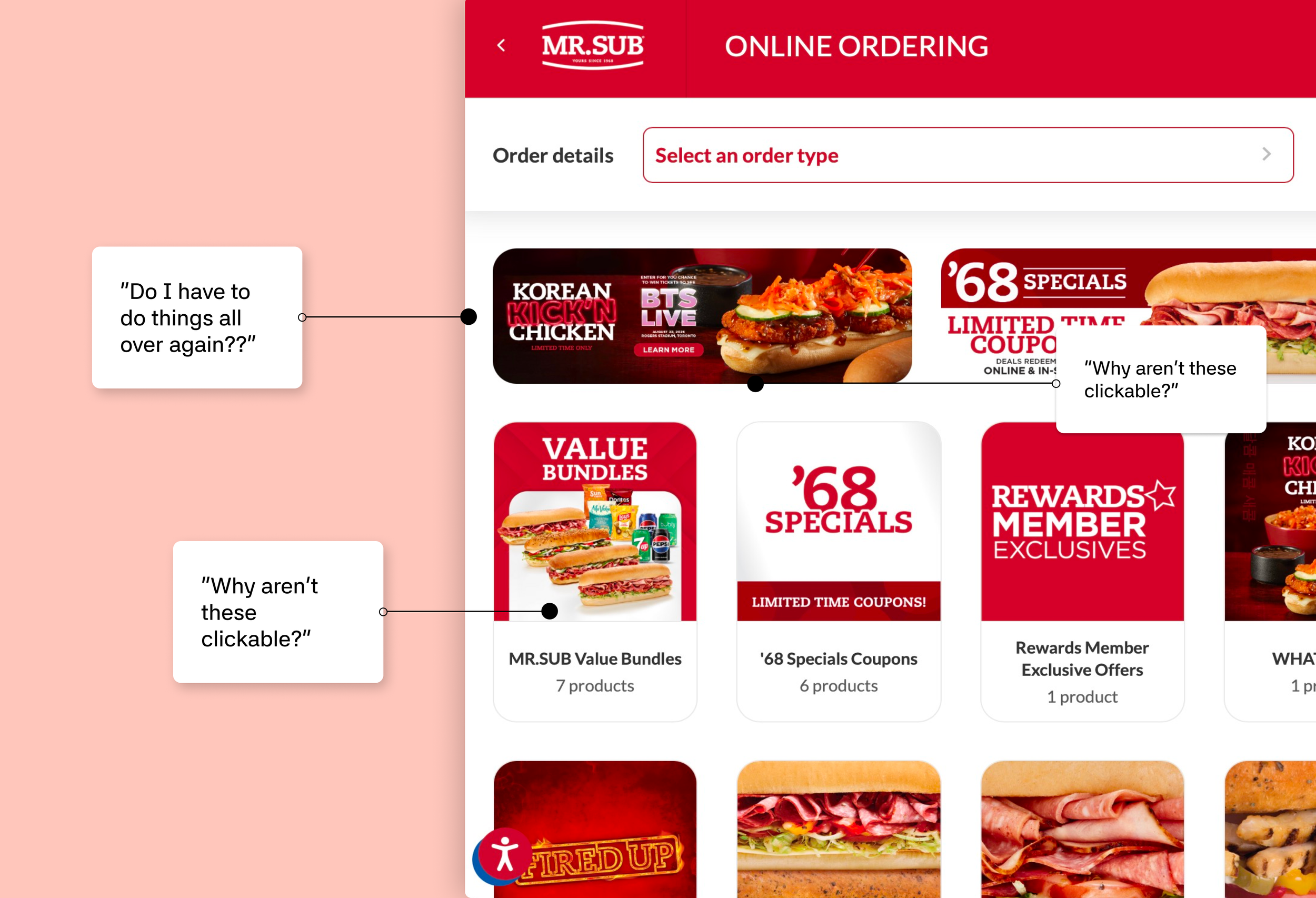 Screenshot of the Mr. Sub online ordering menu featuring various sandwich options, deals, and promotional banners.