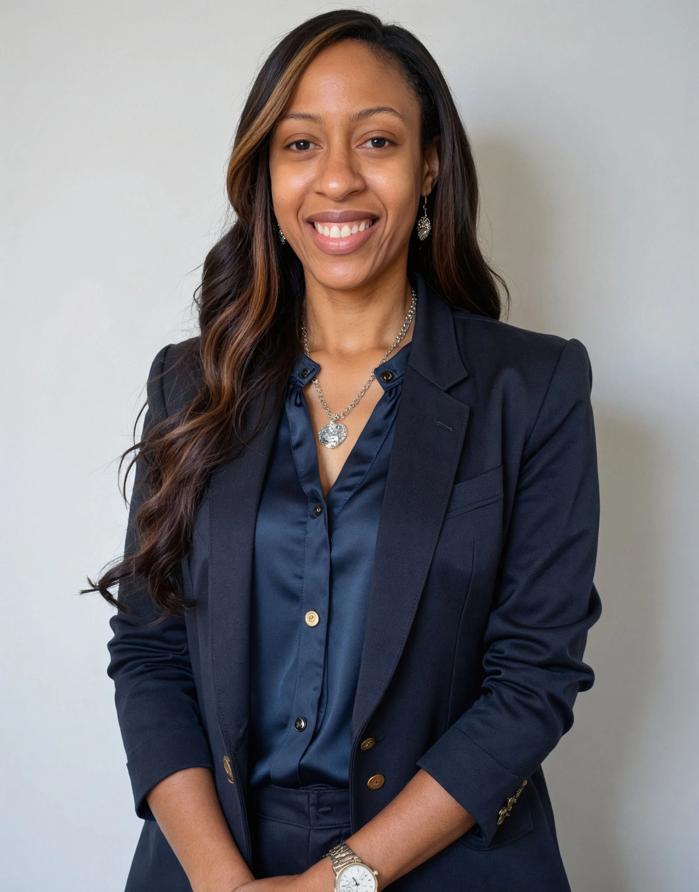 A woman with long, wavy hair wearing a navy blue blazer and satin shirt, accessorized with jewelry, smiling, standing against a plain wall.