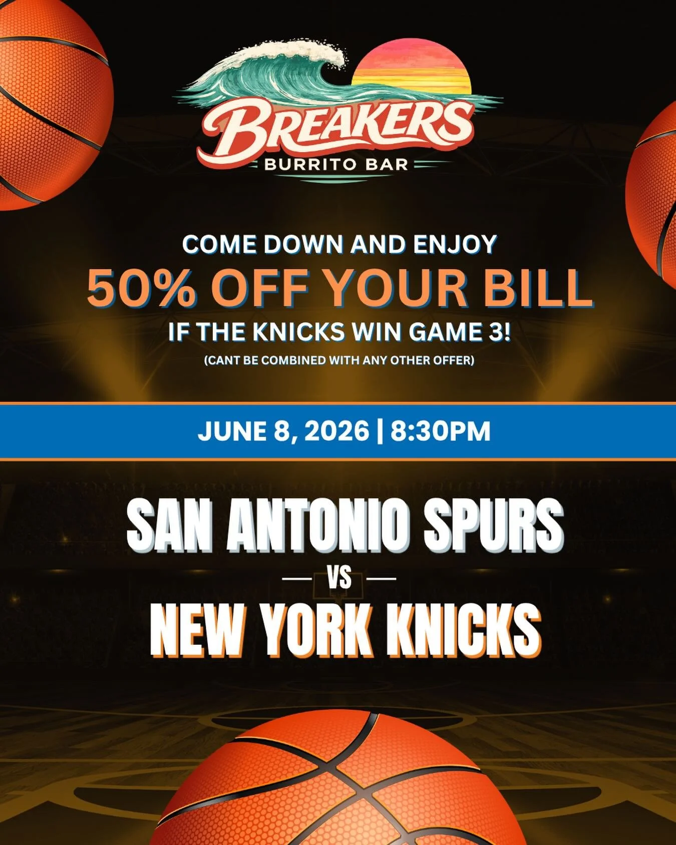 Get ready for game 3! Come watch the Knicks at Breakers Burrito Bar and enjoy some great beer and food!!

For game 3 only, get 50% off your bill if the Knicks win!! 

Be sure to wear your Knicks gear and show support for the orange and blue! 🏀