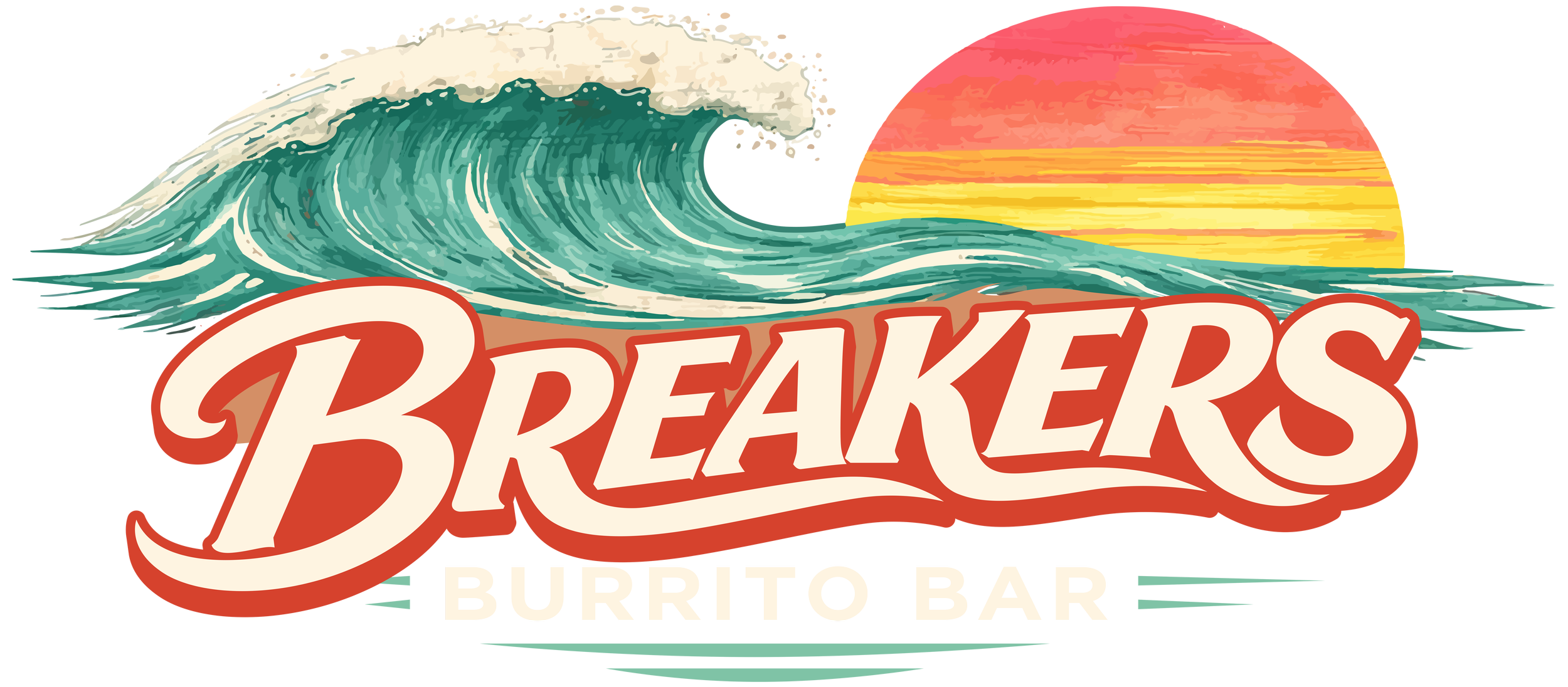 Retro-style illustration of an ocean wave with a sunset in the background, and the text "Breakers Burrito Bar" in bold lettering.