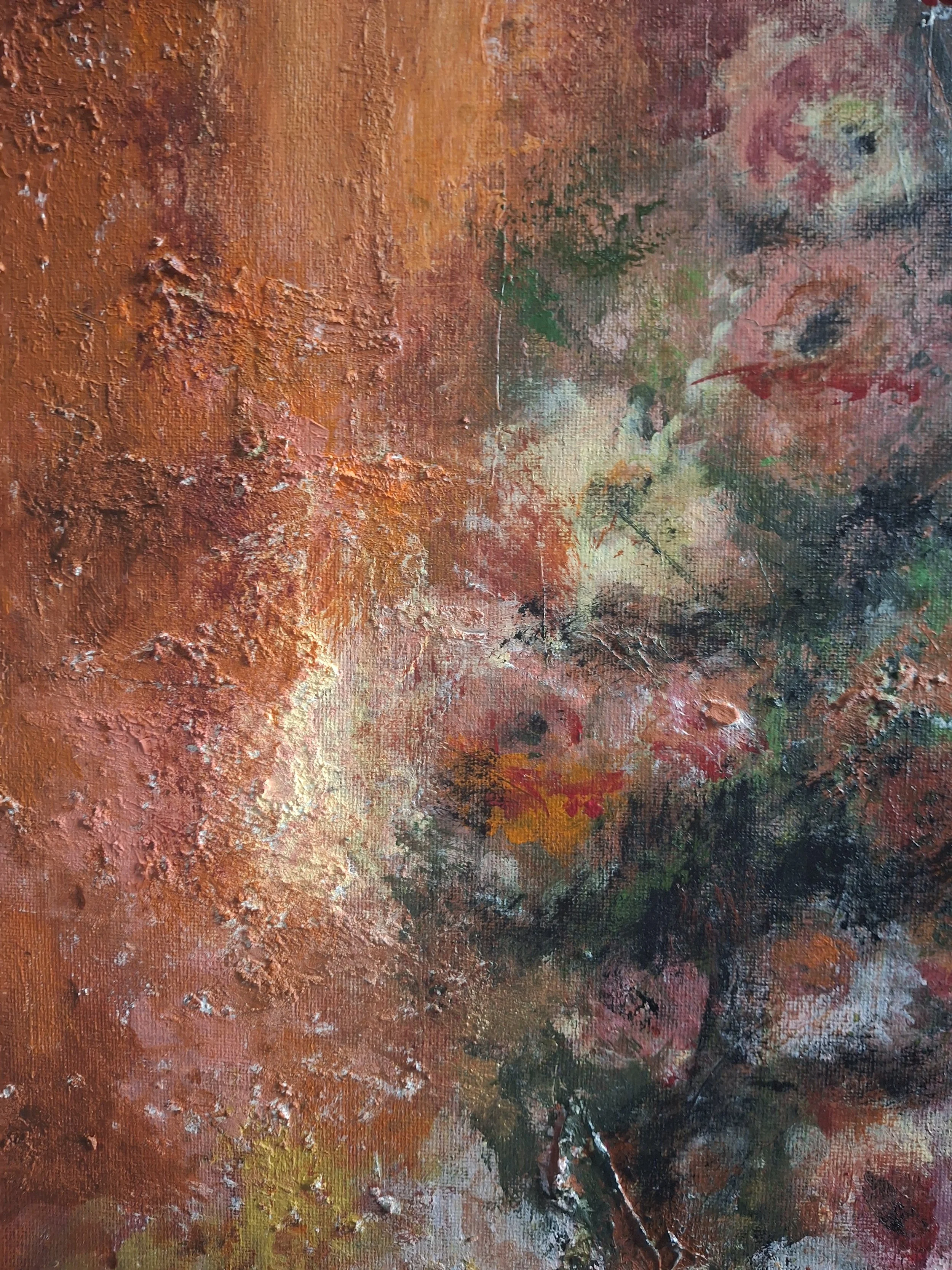 Abstrakti taidemaalaus, jossa tekstuureja ja kukkia. Floral abstract painting. Texture art. Fine Art. Original Art. Unique painting. Kaunis taulu.