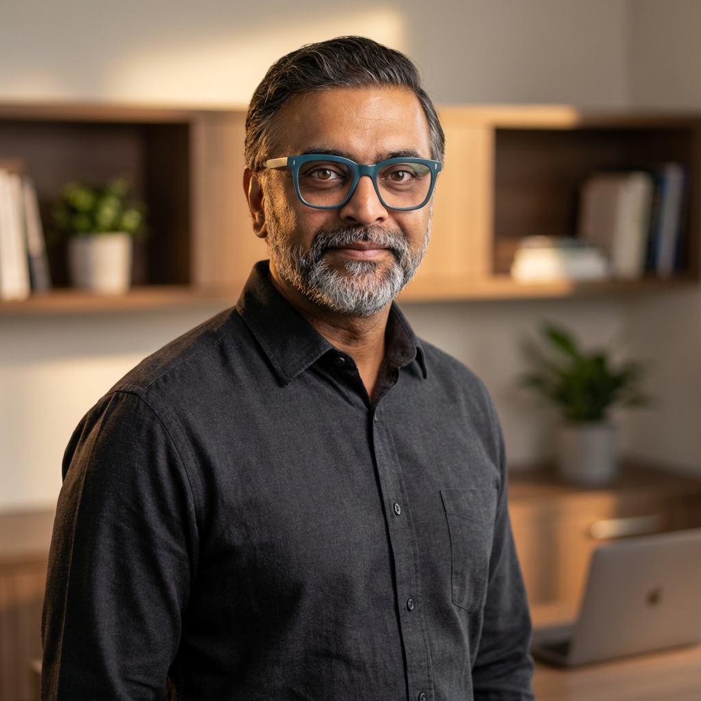 A middle-aged man with salt-and-pepper hair, beard, and glasses standing in a modern home or office space, with bookshelves and a laptop in the background.