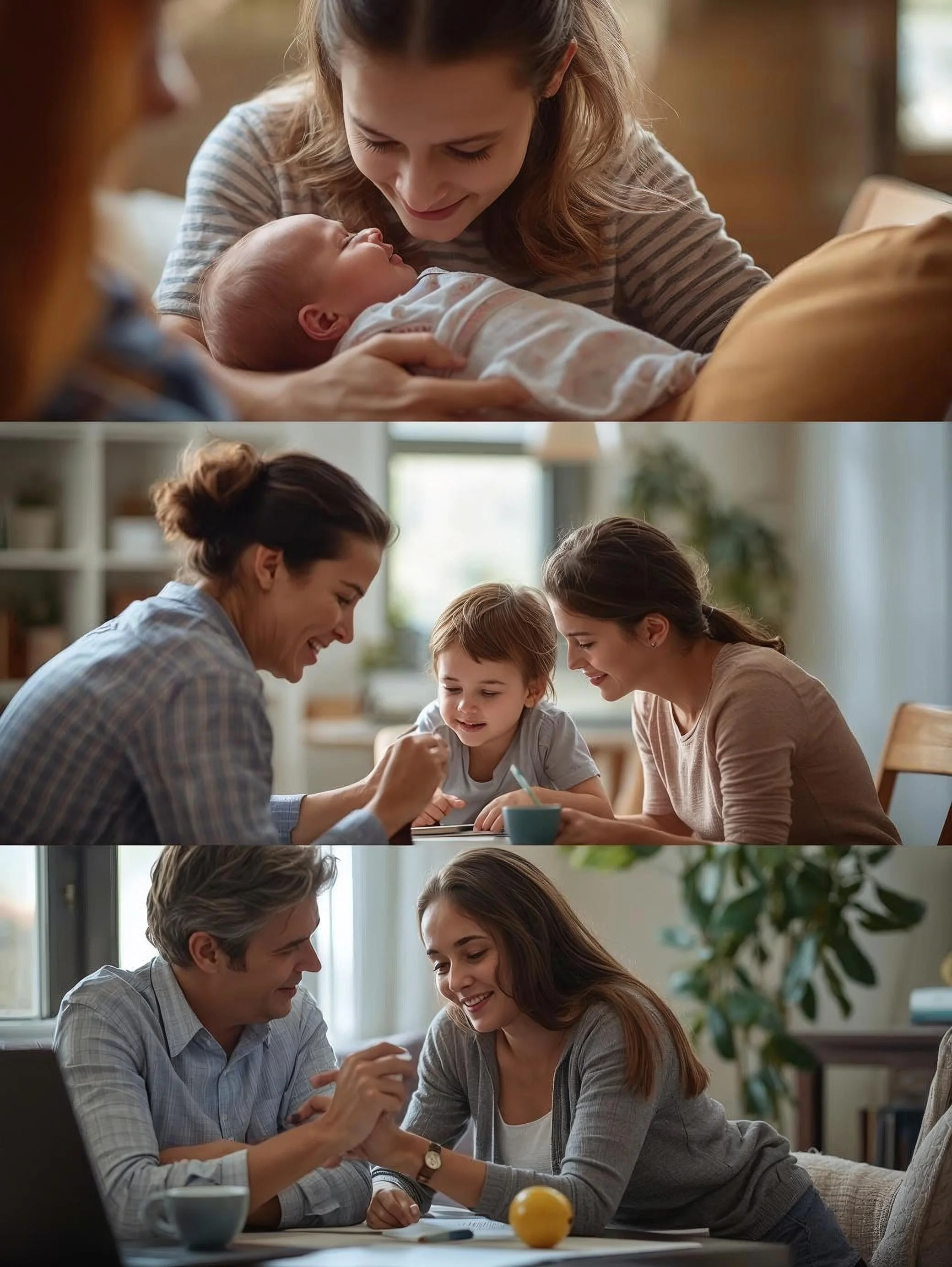 A collage of three photos capturing family moments: the first shows a woman smiling at a newborn baby during a bedtime cuddle, the second depicts two women and a young girl smiling and talking around a table, and the third features a man and woman happily arm wrestling at a table.