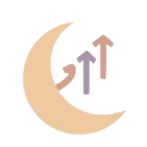 Illustration of a crescent moon with upward trending bar graphs and arrows inside the moon.