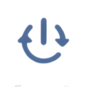 Blue circular logo with arrows forming a loop and a vertical line in the center