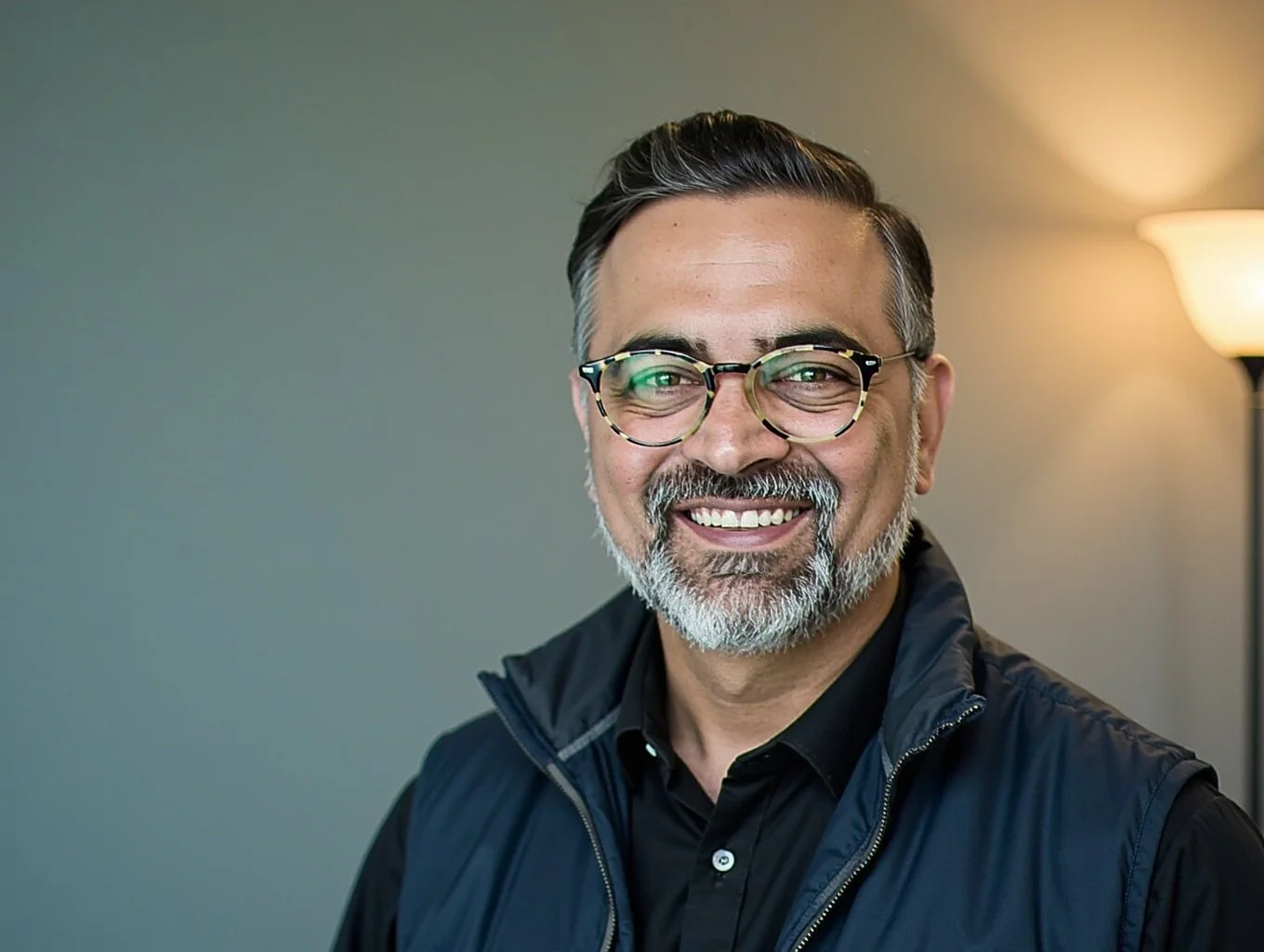 A smiling middle-aged man with glasses and a beard, wearing a black shirt and a dark vest, standing indoors near a lamp.