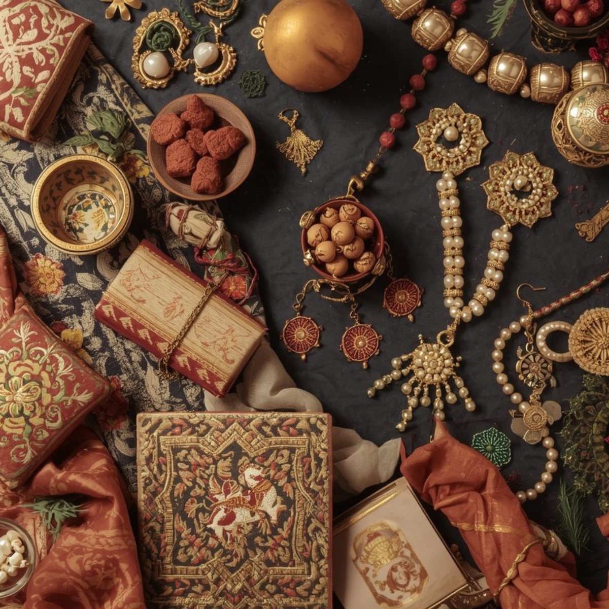 An assortment of traditional Indian jewelry and artifacts, including necklaces, earrings, bangles, decorative boxes, and snacks, arranged on a dark cloth background.