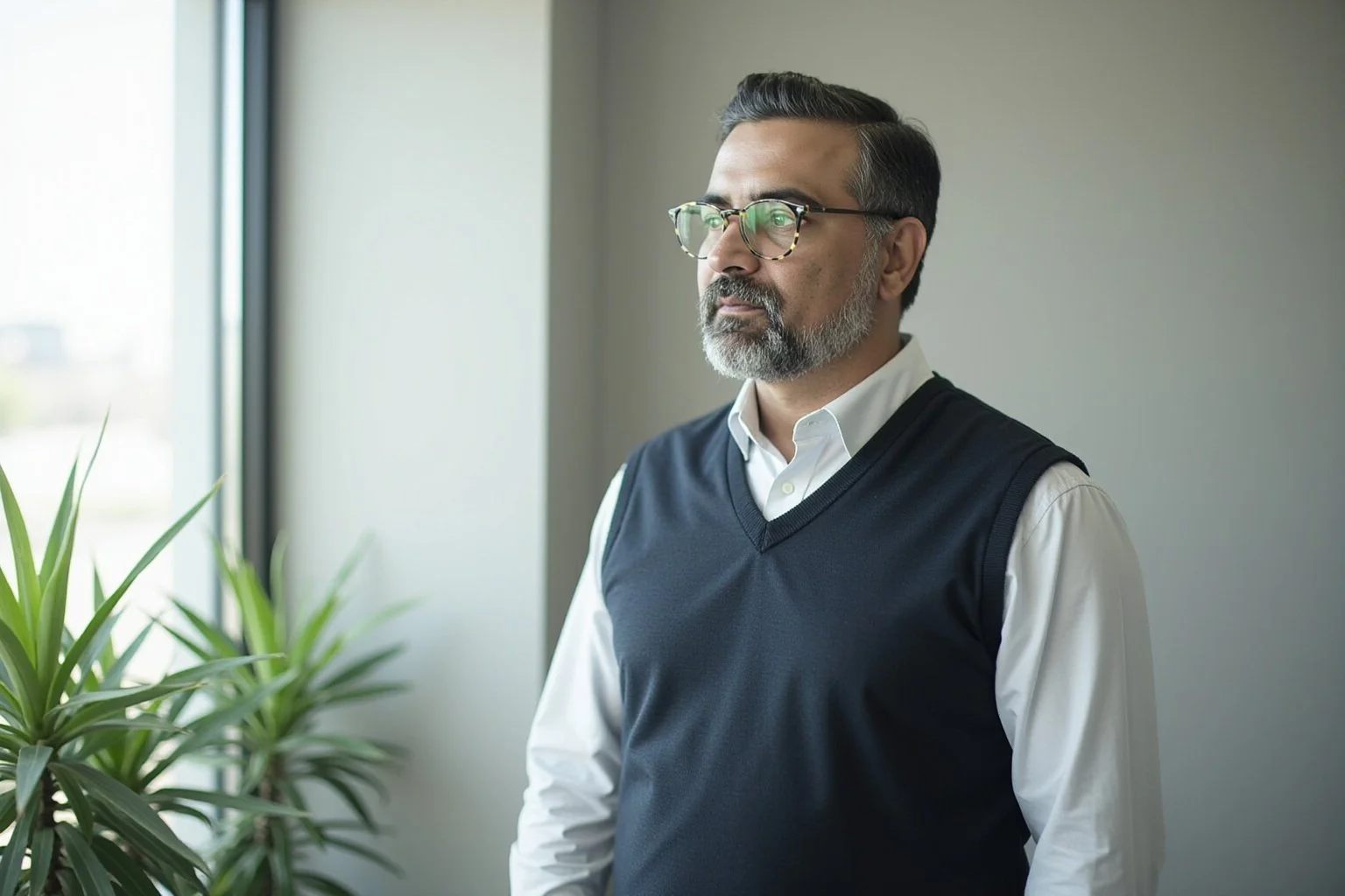 A middle-aged man with glasses, gray hair, and a beard standing indoors near a window and a potted plant, looking away thoughtfully.