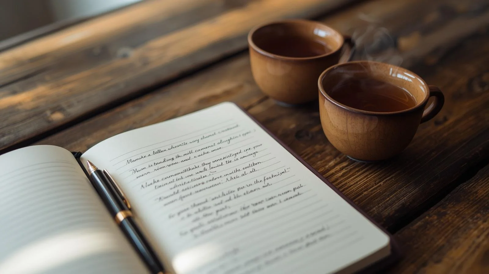 Open notebook with handwritten text, two steaming coffee cups, on a wooden table.