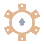 Illustration of a gear-shaped object surrounding a house icon with green, red, and blue accents.