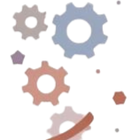 A digital graphic of interconnected gears and circular nodes.