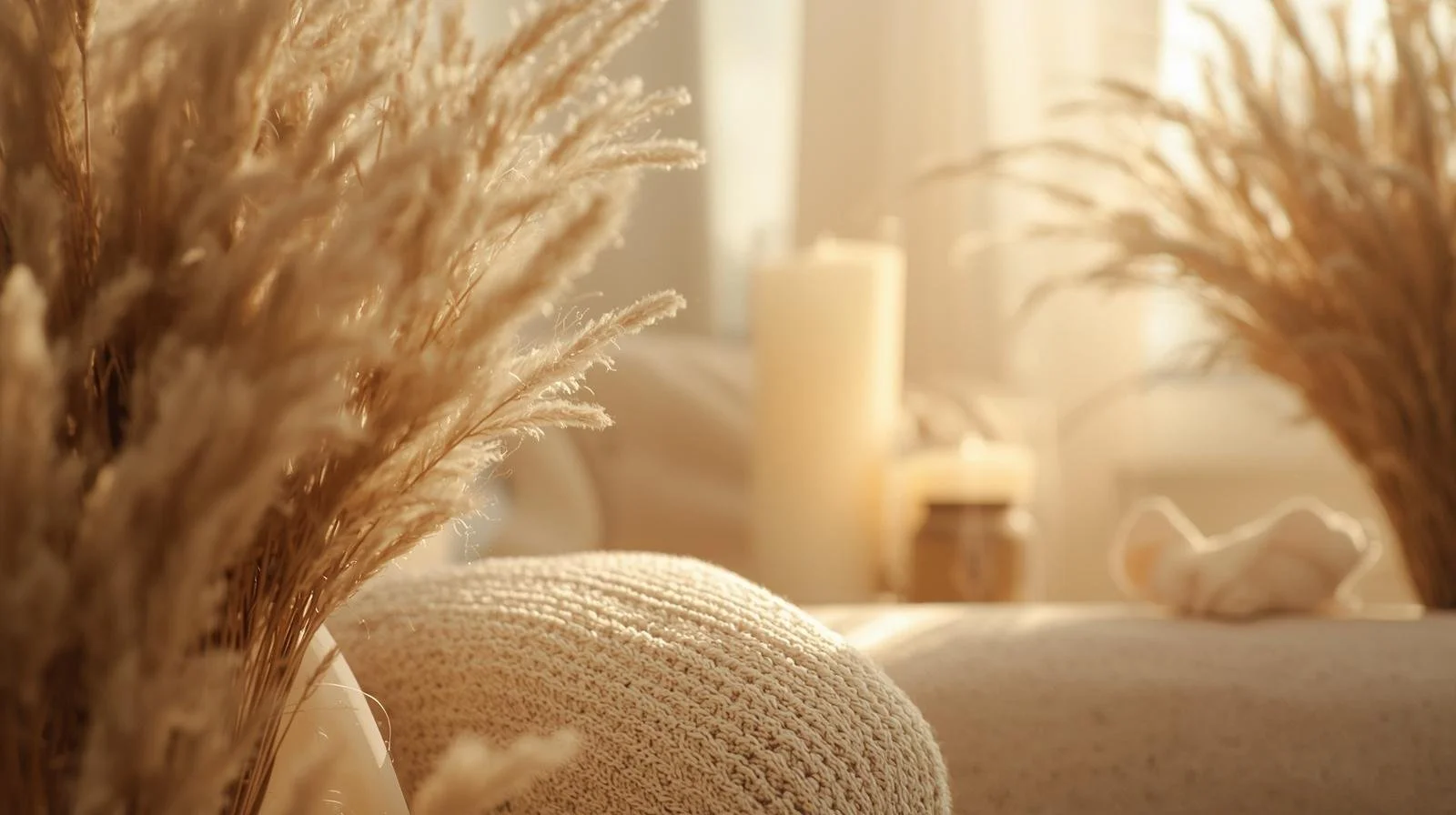 Close-up of dried pampas grass in a cozy, softly lit room with candles and a textured beige blanket or pillow.