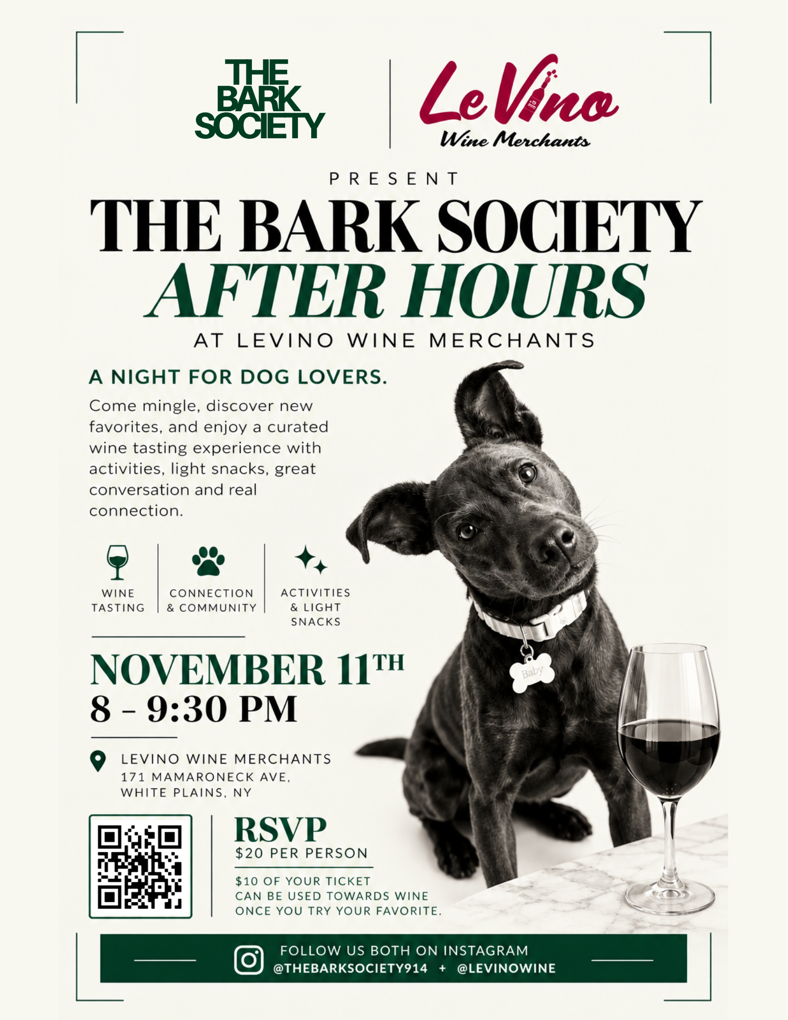 Flyer for The Bark Society event at LeVino Wine Merchants, featuring a black dog with a bone-shaped name tag, next to a glass of red wine, details of event date, time, location, RSVP info, and social media handles.