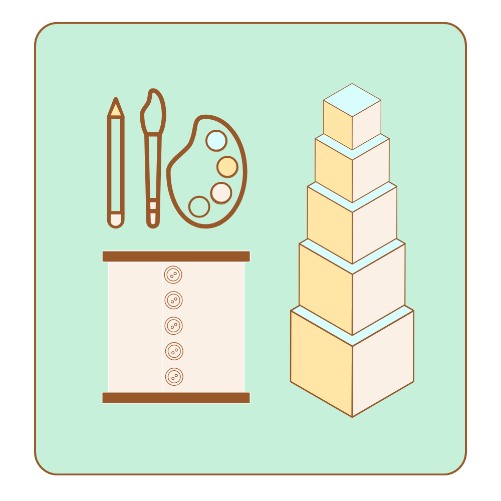 Stacked blocks, paint palette with brushes, a pencil, and a container with buttons, all on a light mint green background.