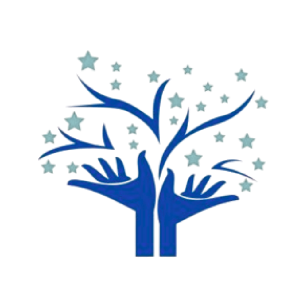 Two blue hands with fingers spread out, forming a tree shape with multiple branches decorated with light blue stars.