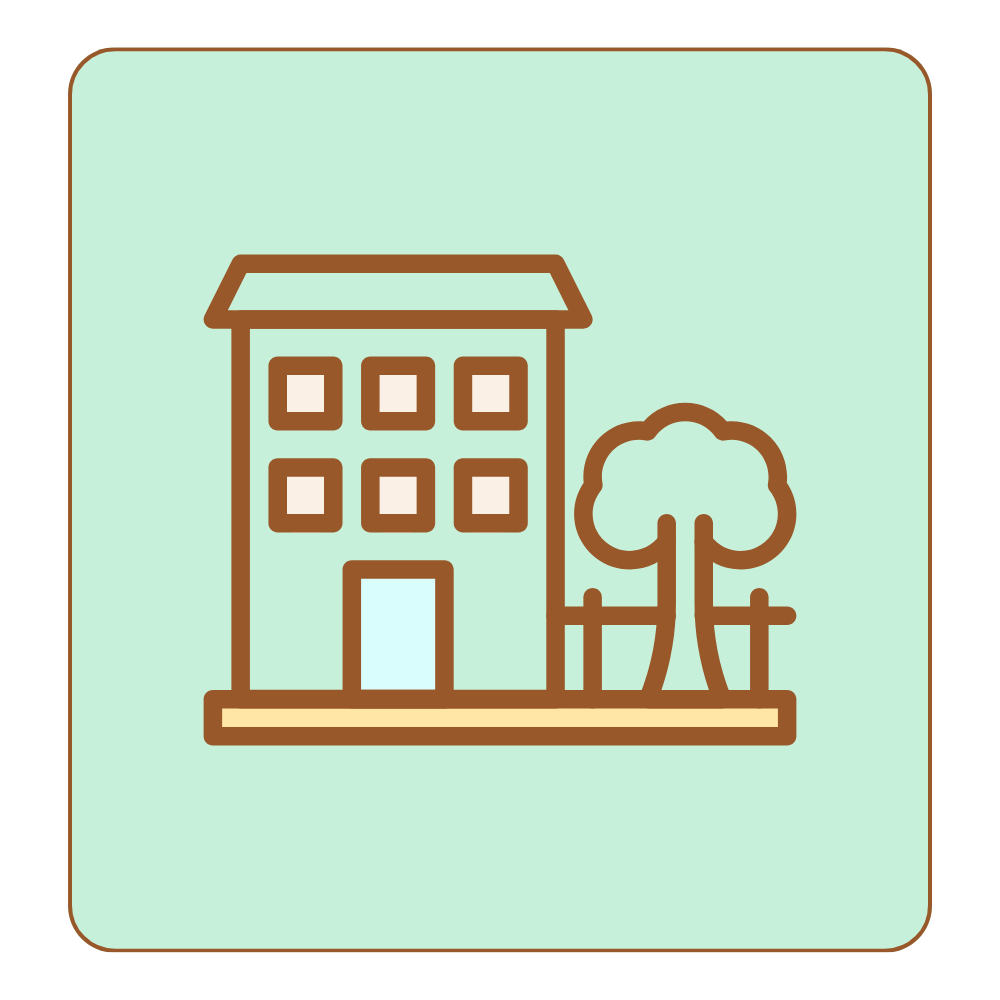 Outline of a three-story house with a door, six windows, a tree, and a fence on a light green background.