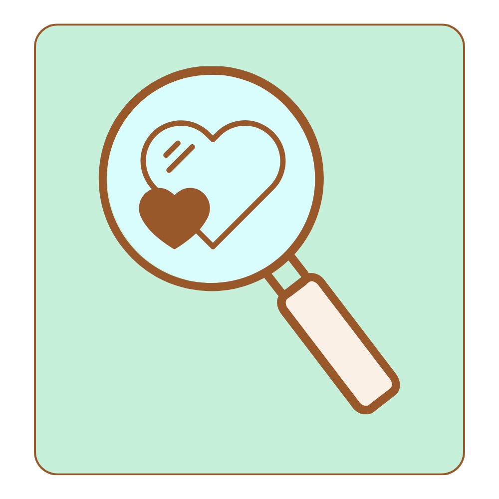 Magnifying glass with heart-shaped symbols inside, representing love or health.