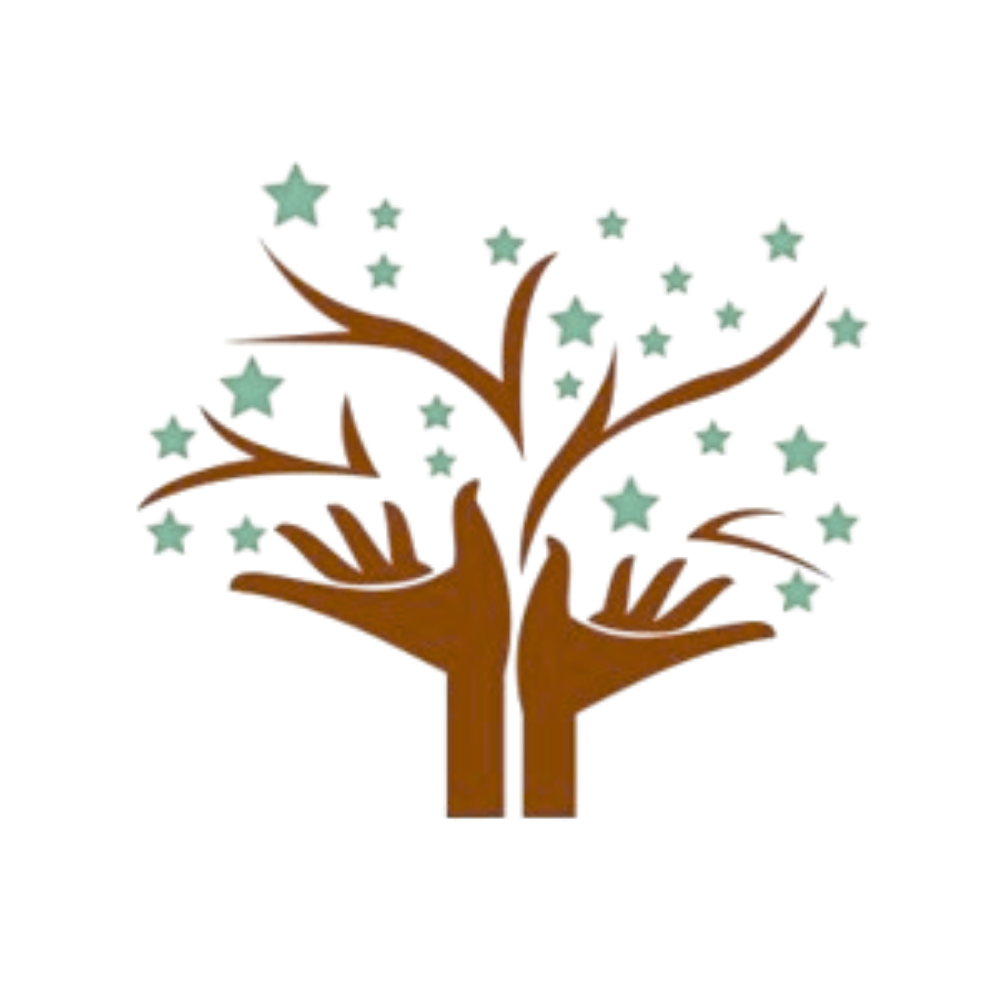 Brown tree with multiple branches and small sage-colored stars.