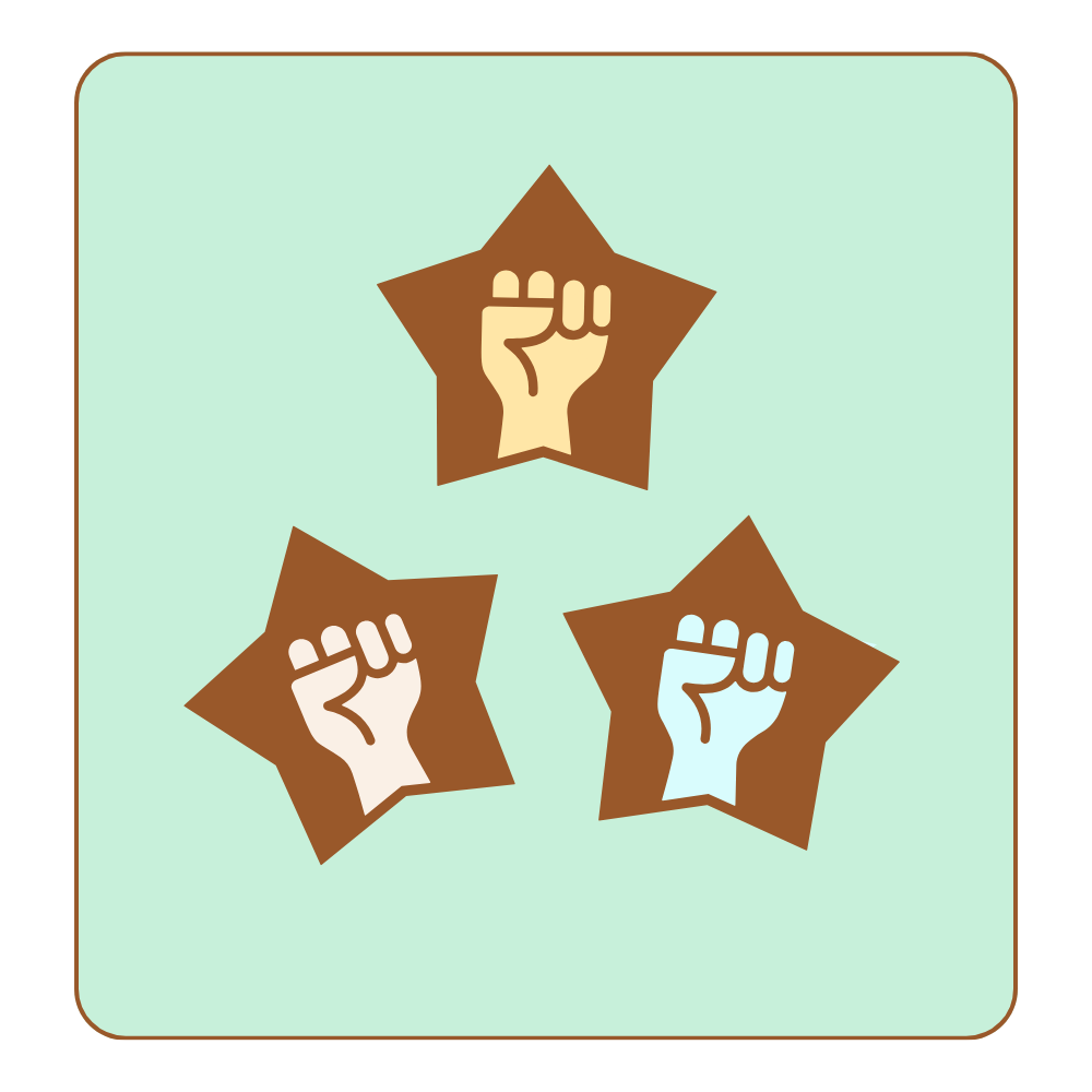 Three fists raised in solidarity, each within a brown star-shaped background, on a light green backdrop.