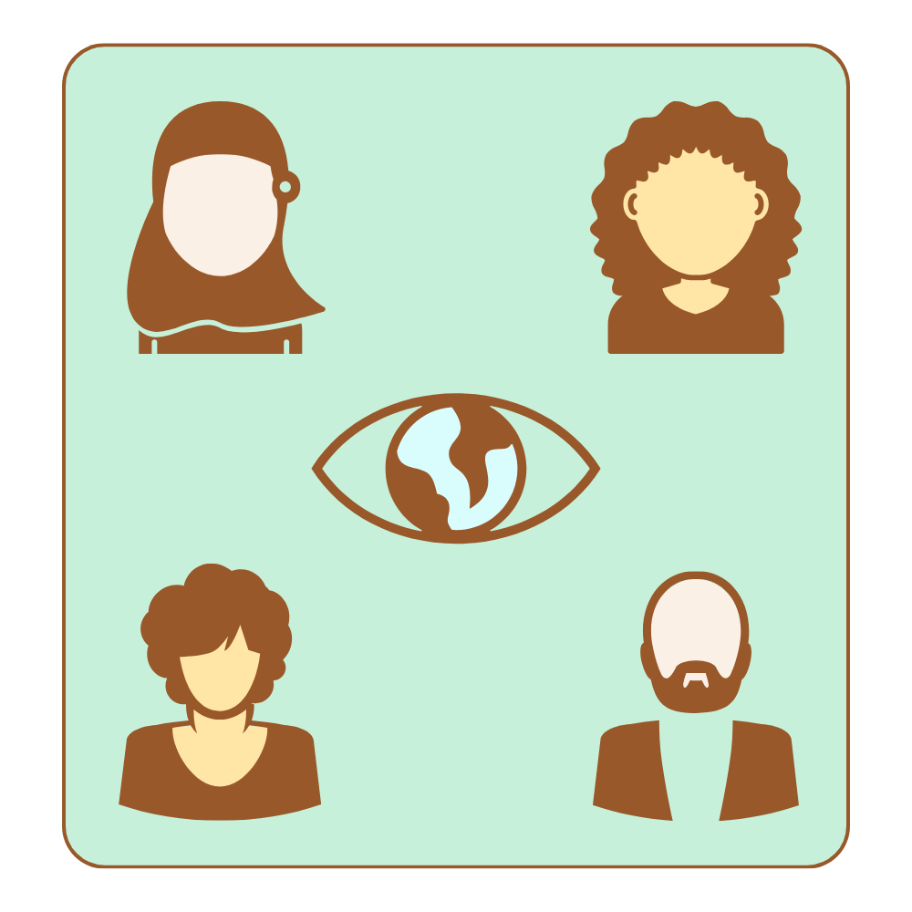 Illustration of four diverse people surrounding a globe within an eye, symbolizing global or international awareness.