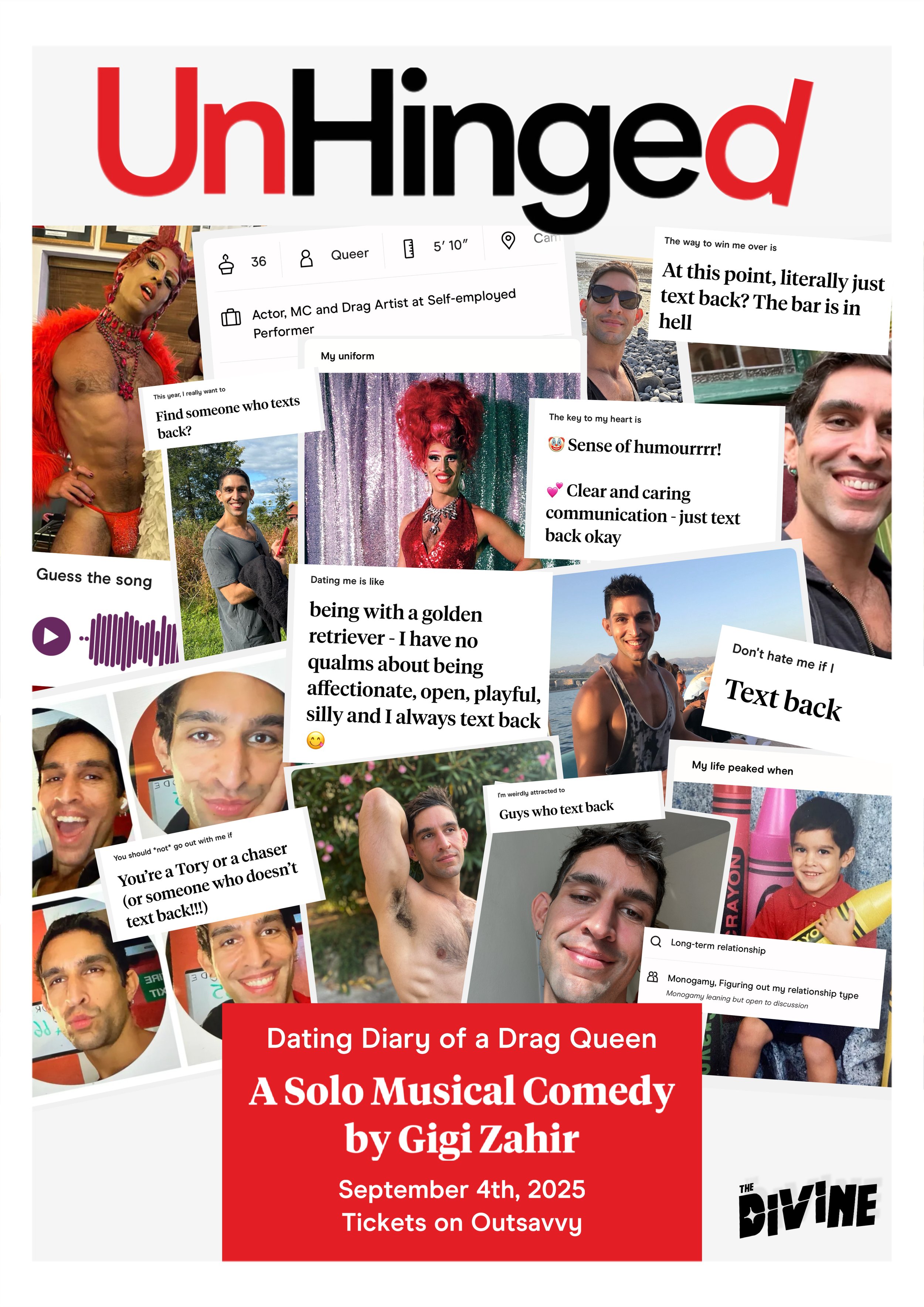 Poster for the musical comedy "Dating Diary of a Drag Queen" by Gigi Zahir, opening September 4th, 2025, with tickets available on Outsavvy. The poster features various photos of a drag queen and men, along with humorous quotes about dating, communication, and text messaging.