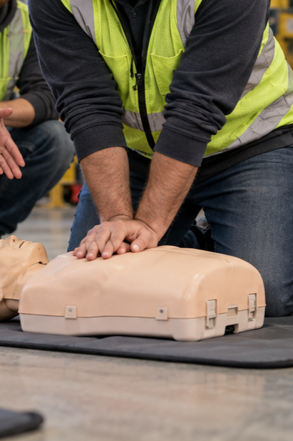 Person performing CPR on a training mannequin during a first aid training session.