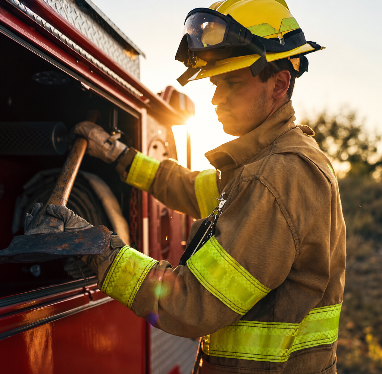 Firefighter checking equipment on a fire truck at sunset.