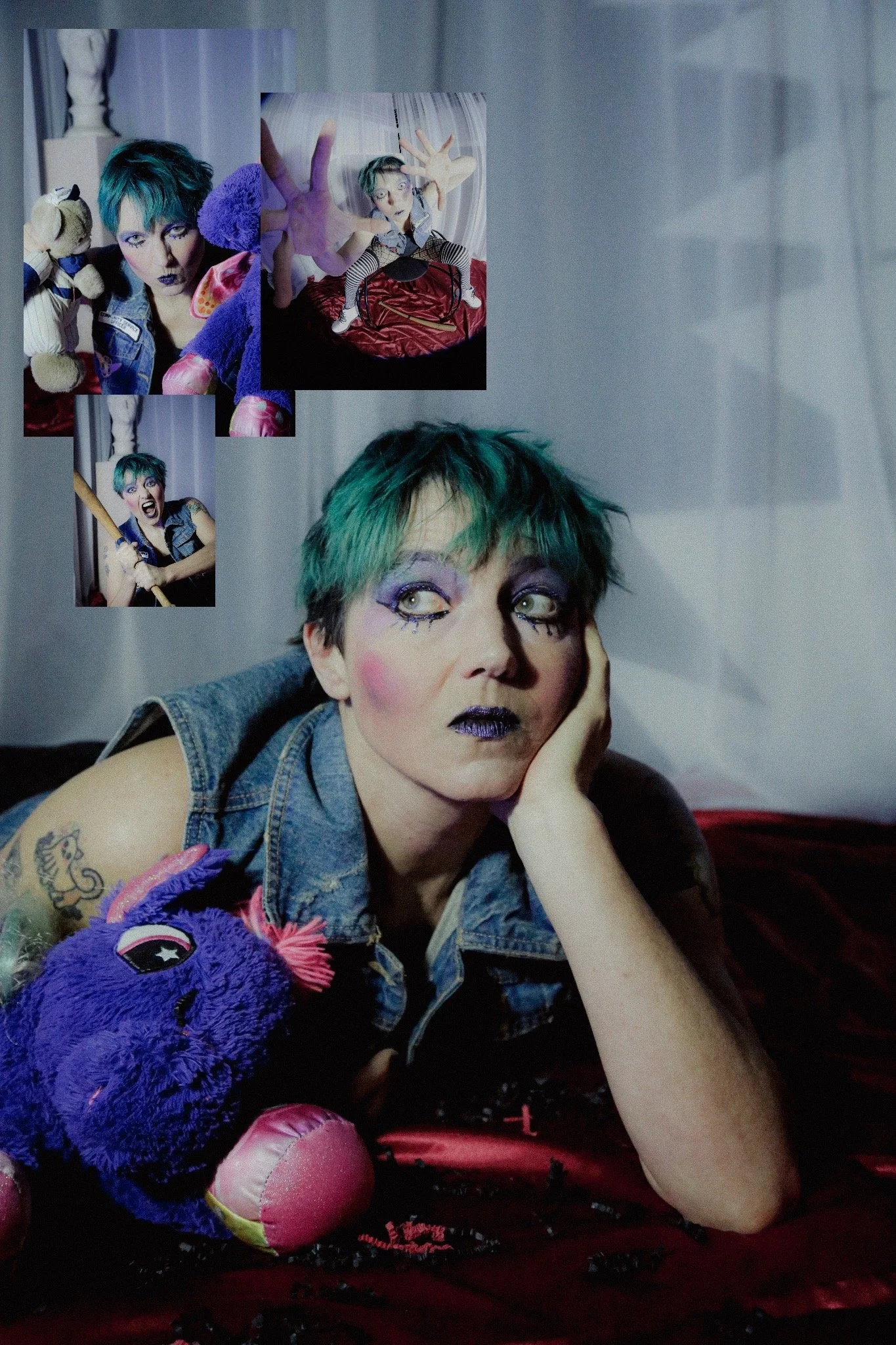 The photo highlights the photo series "Rage" which was created to document women's rage through photography. The photo contains a person with blue hair and pink makeup wearing a jean jacket. There are multiple other photos on top of the photo feature