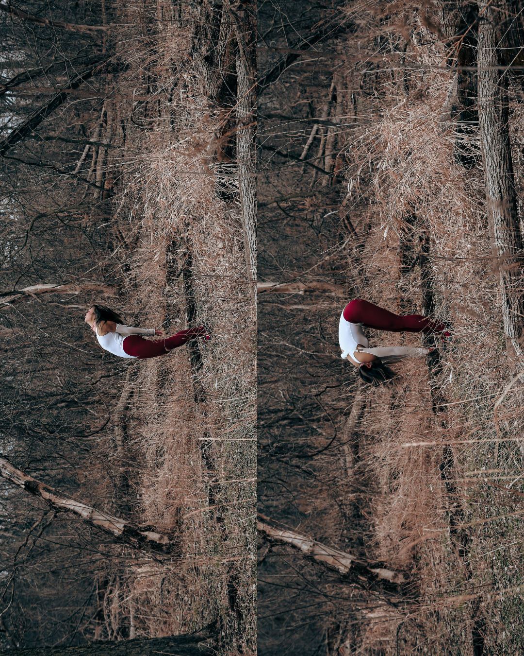A woman wearing a white top and red tights created two separate poses in a barren forest. One pose she is standing with her head bent back and the other with her head leaning forward.