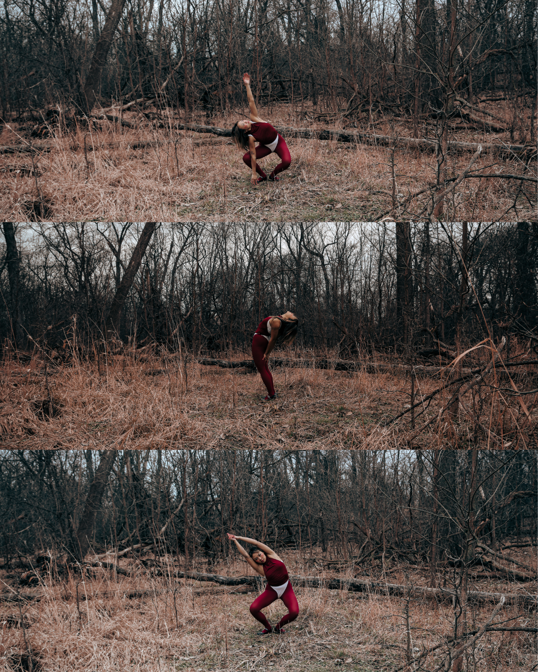 A woman in red tights and white top creates three poses in the barren woods looking serious.