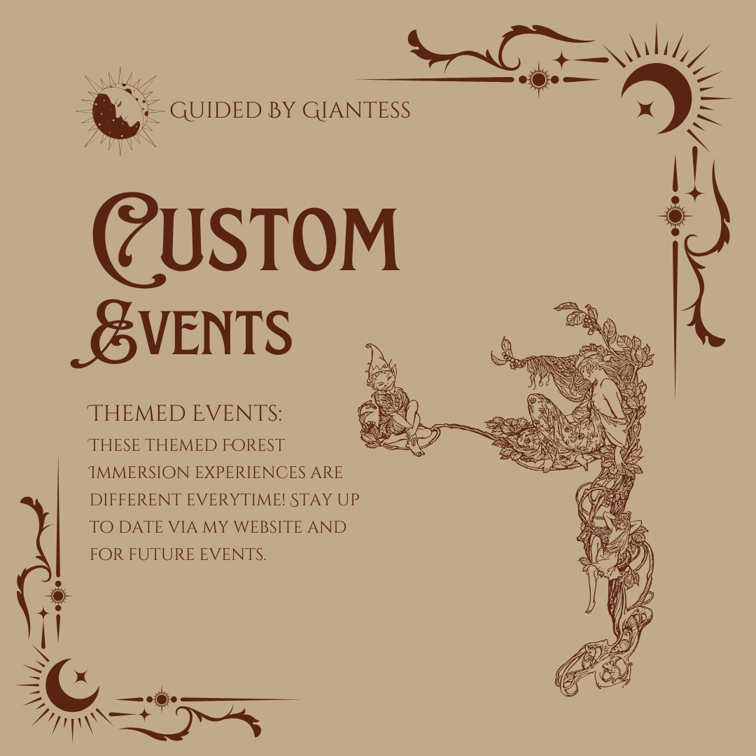 This card has magical elements on it including moons and stars. It gives further information about custom events Forest Immersion Experiences.