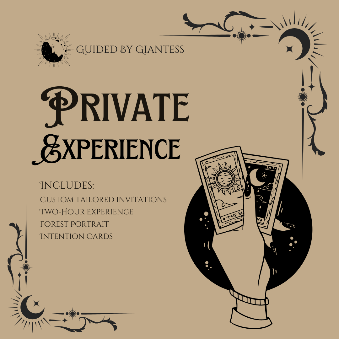 This card has magical elements on it including moons and stars. It gives further information about private Forest Immersion Experiences.