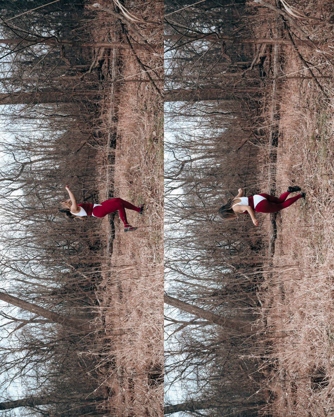 A woman wearing a white top and red tights dances and moves throughout the barren woods.