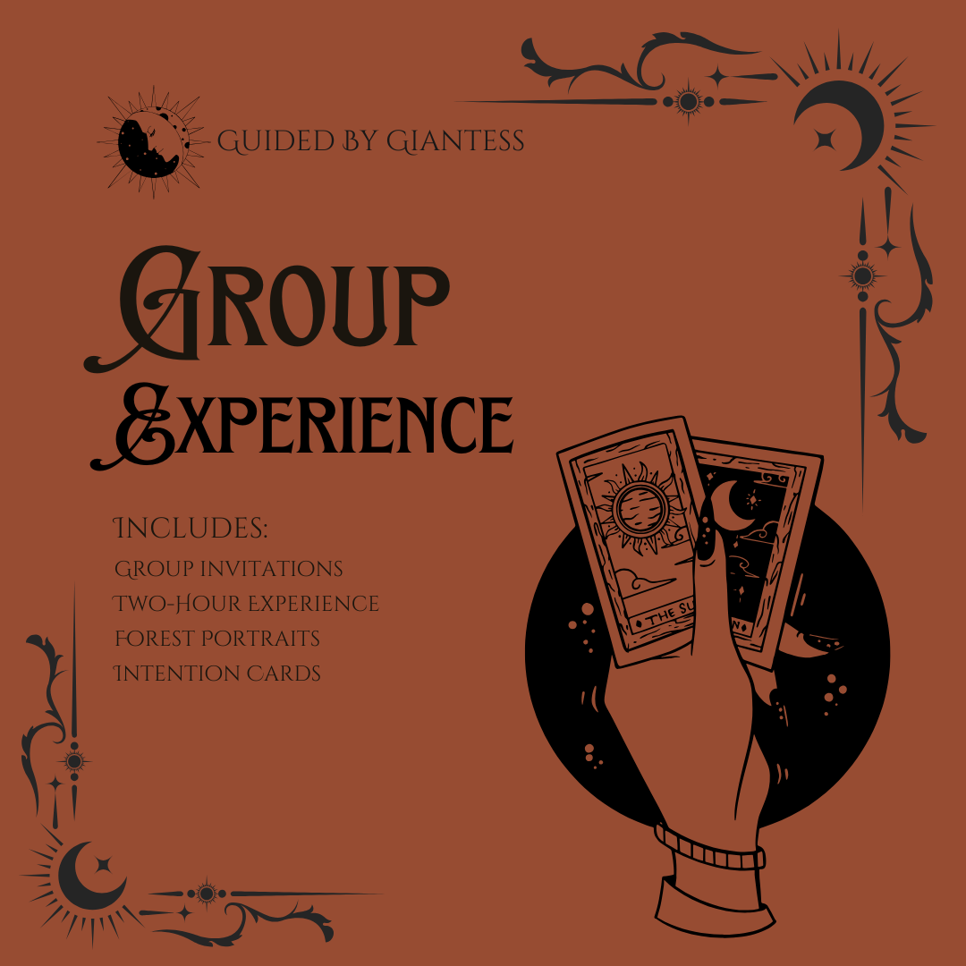 This card has magical elements on it including moons and stars and gives further information about group forest immersion experiences.