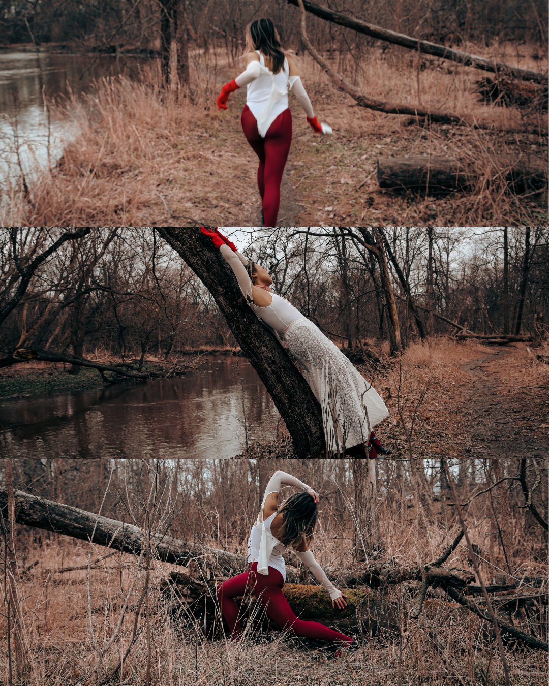 A woman wearing a white top and red tights dances and moves throughout the barren woods.