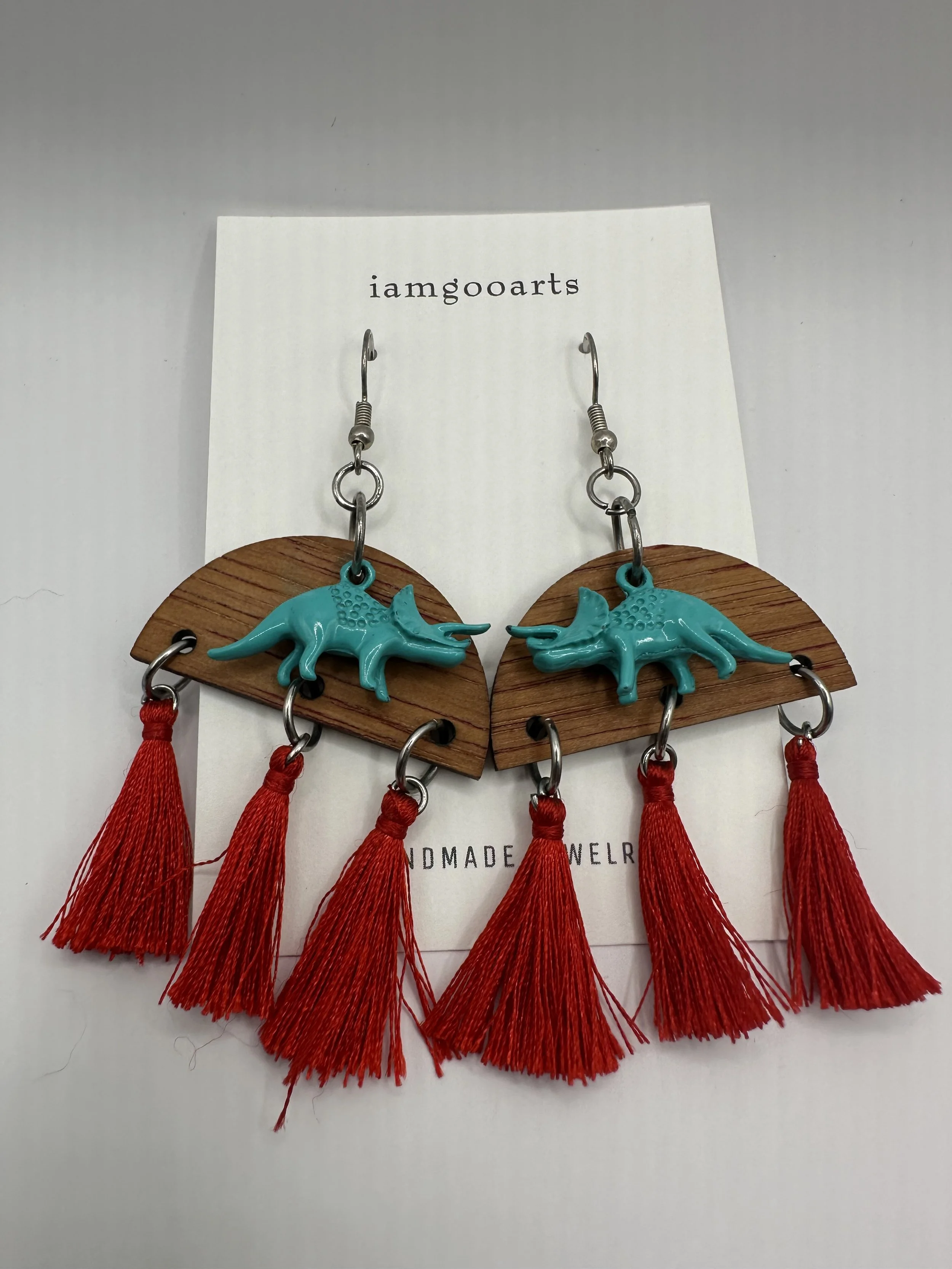 Red Tassel Triceratops Earrings