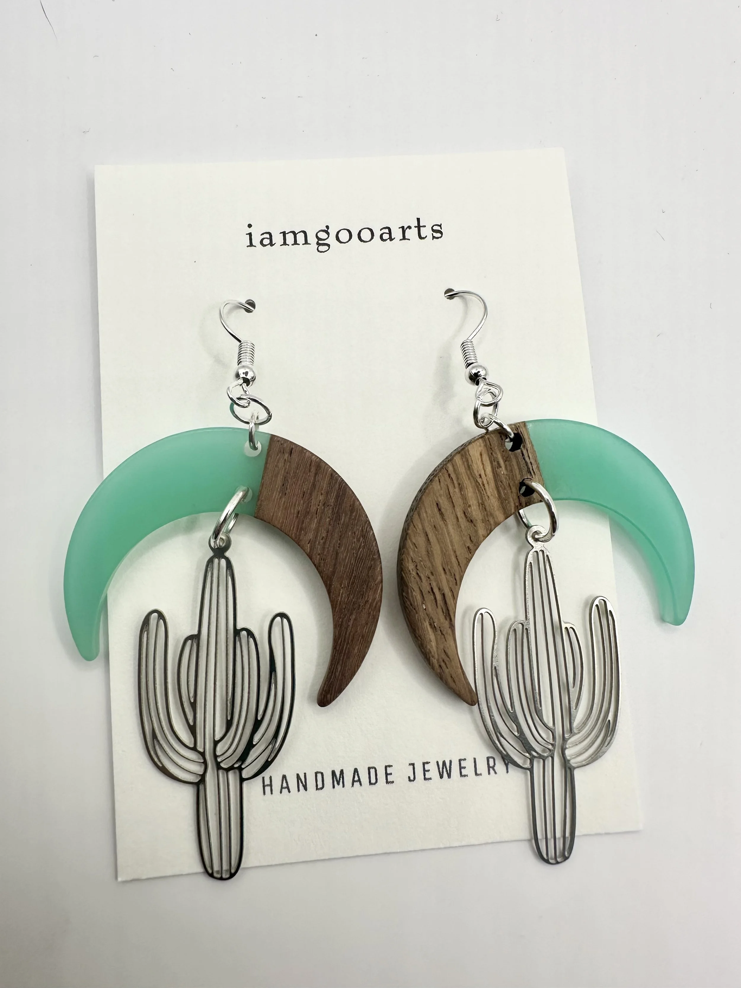 Teal Moon Cactus Earrings
