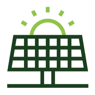 Icon of a solar panel with the sun rising or setting behind it, depicted in green lines.